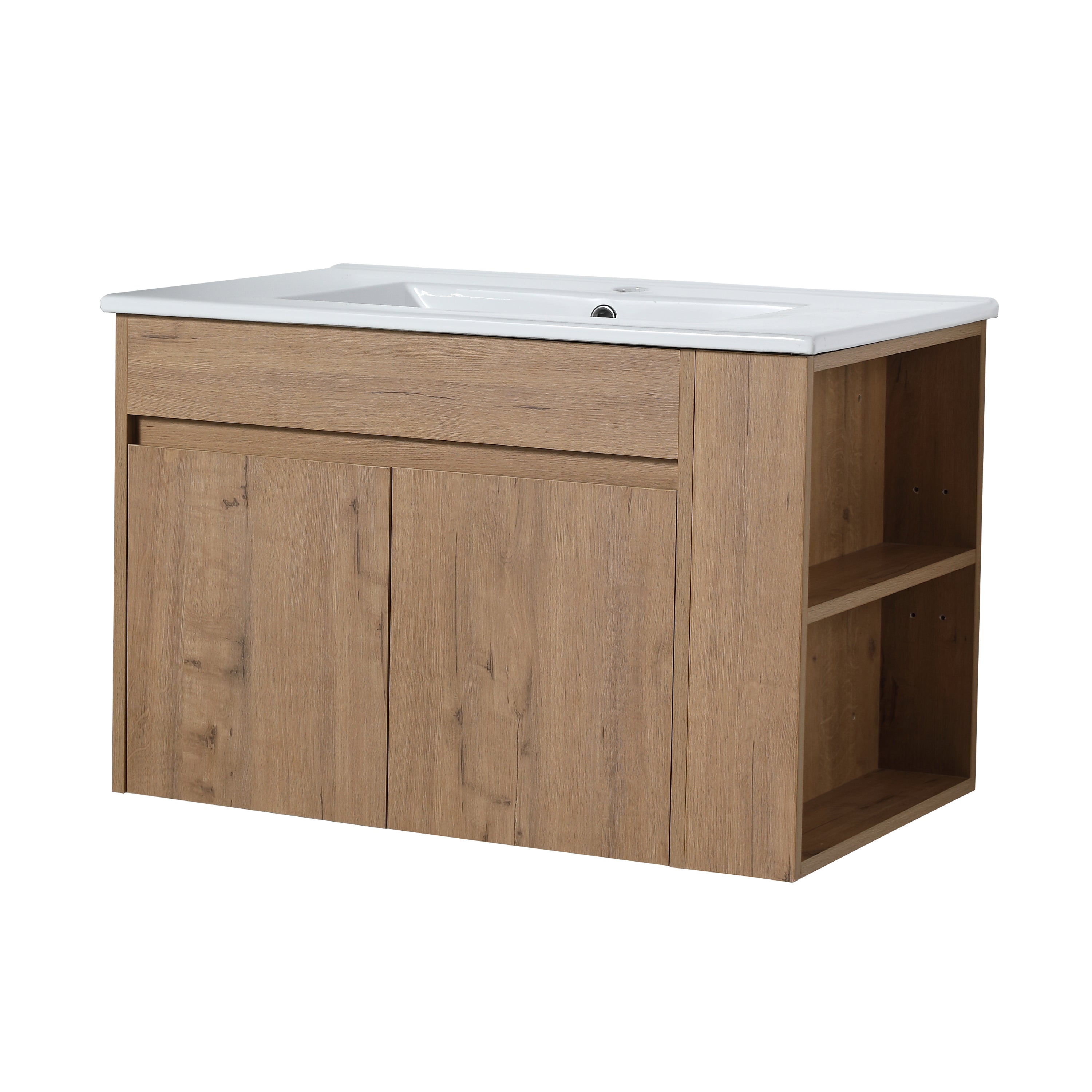 30" Imitative Oak Wall-Mounted Bathroom Vanity With White Ceramic Sink and Adjust Open Shelf