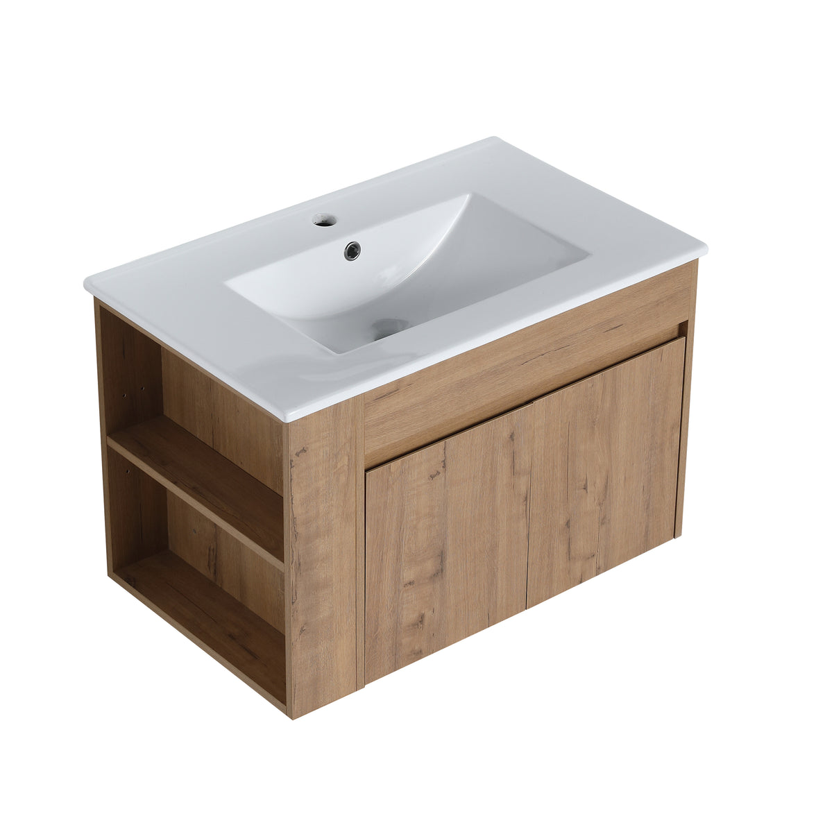 30" Imitative Oak Wall-Mounted Bathroom Vanity With White Ceramic Sink and Adjust Open Shelf