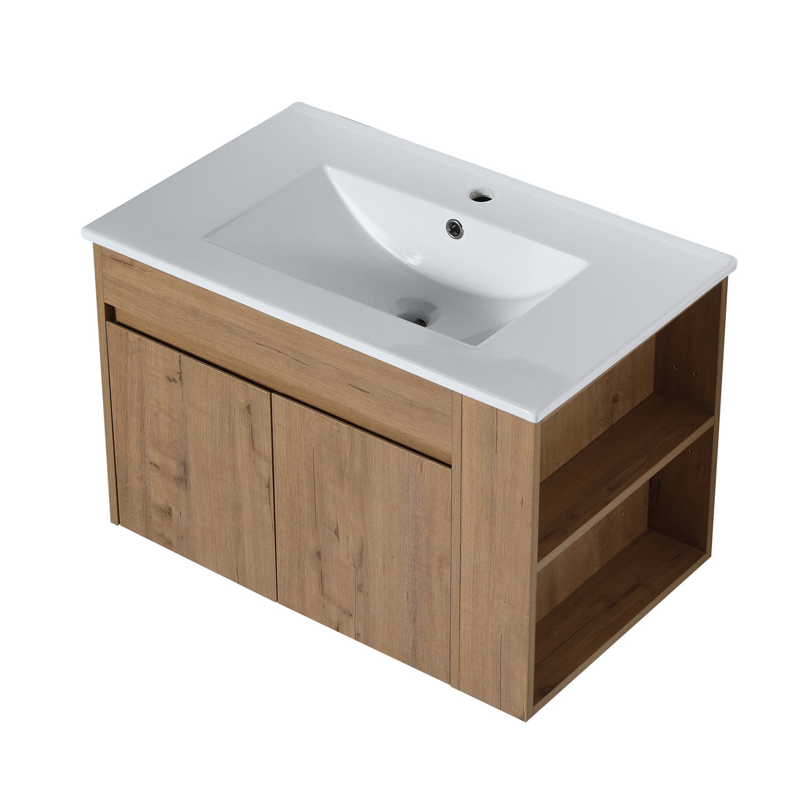 30" Imitative Oak Wall-Mounted Bathroom Vanity With White Ceramic Sink and Adjust Open Shelf