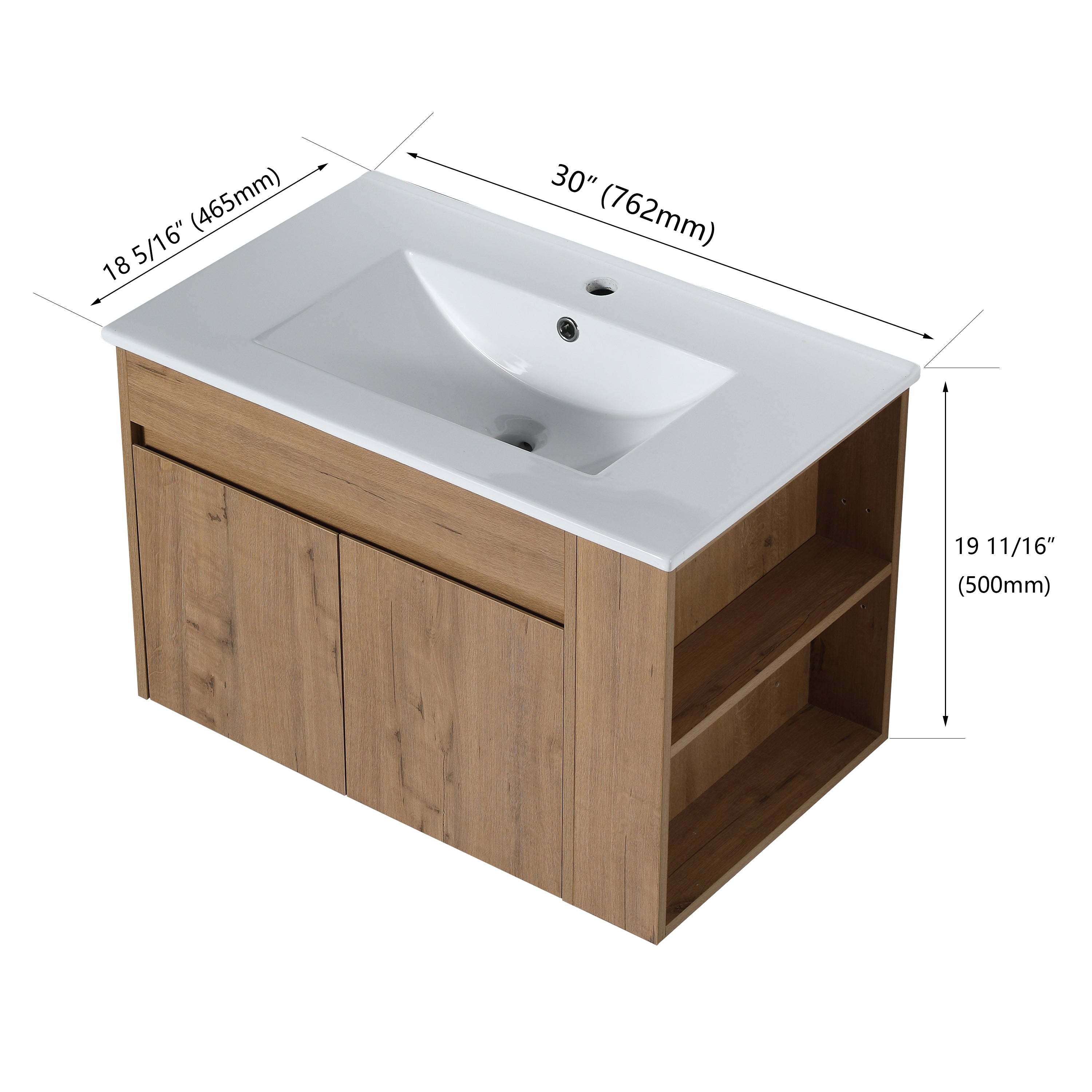 30" Imitative Oak Wall-Mounted Bathroom Vanity With White Ceramic Sink and Adjust Open Shelf