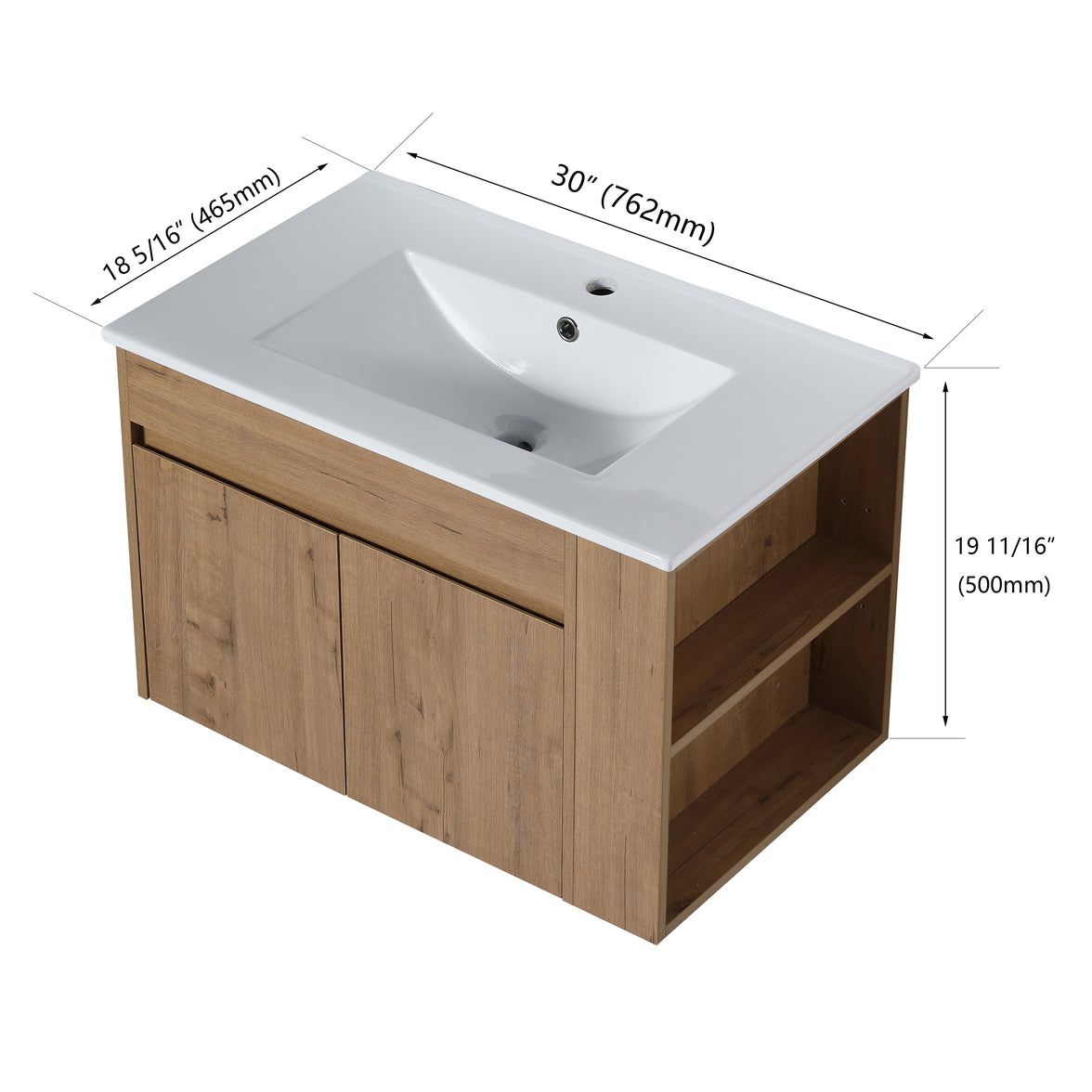 30" Imitative Oak Wall-Mounted Bathroom Vanity With White Ceramic Sink and Adjust Open Shelf