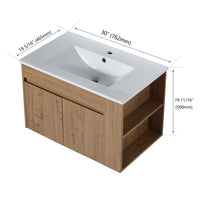 30" Imitative Oak Wall-Mounted Bathroom Vanity With White Ceramic Sink and Adjust Open Shelf