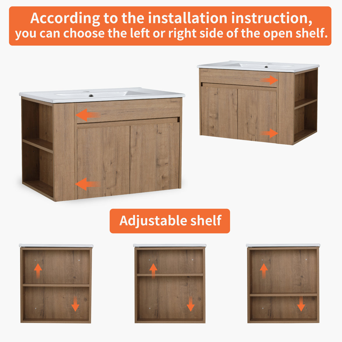 30" Imitative Oak Wall-Mounted Bathroom Vanity With White Ceramic Sink and Adjust Open Shelf
