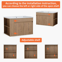 30" Imitative Oak Wall-Mounted Bathroom Vanity With White Ceramic Sink and Adjust Open Shelf