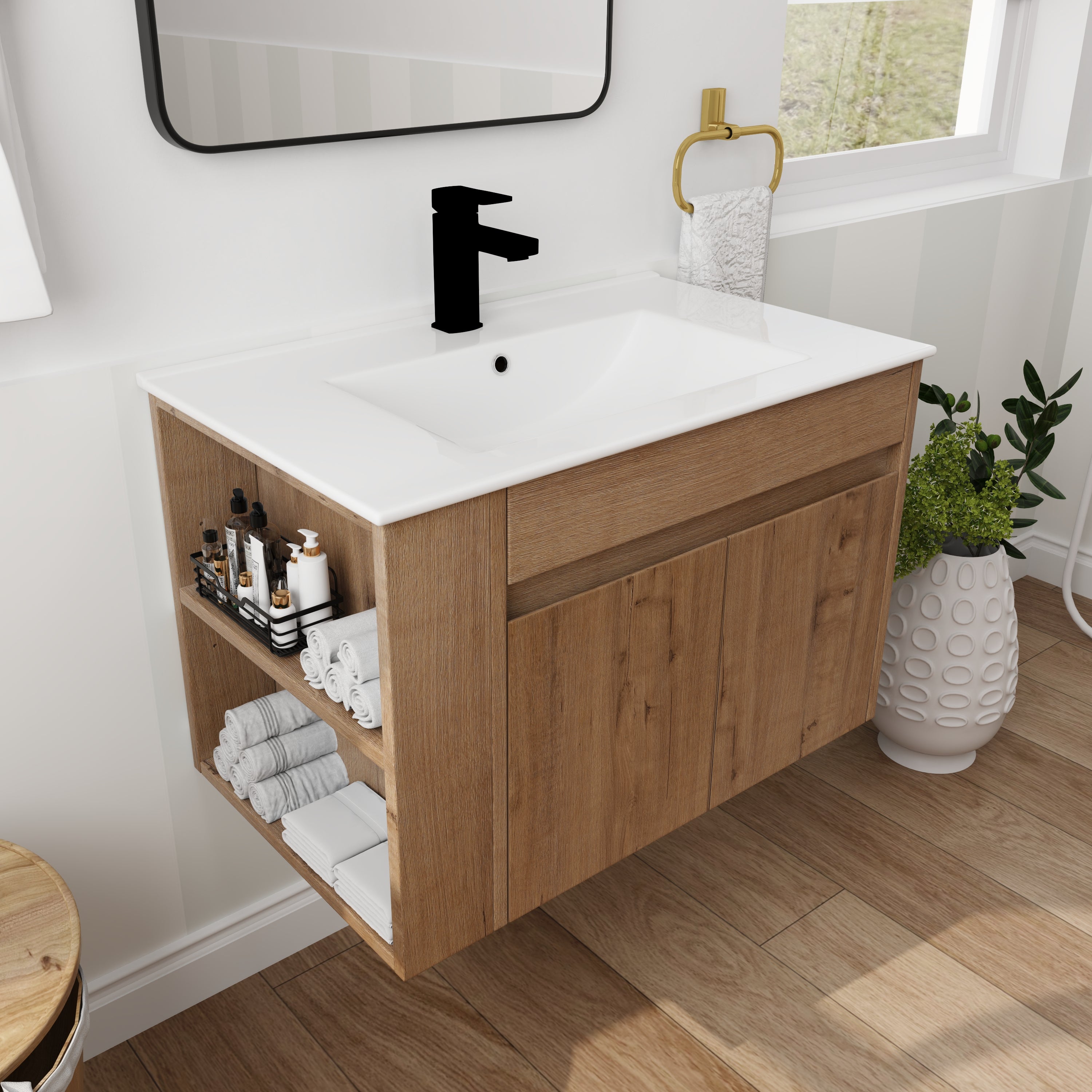 30" Imitative Oak Wall-Mounted Bathroom Vanity With White Ceramic Sink and Adjust Open Shelf