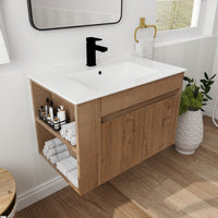 30" Imitative Oak Wall-Mounted Bathroom Vanity With White Ceramic Sink and Adjust Open Shelf