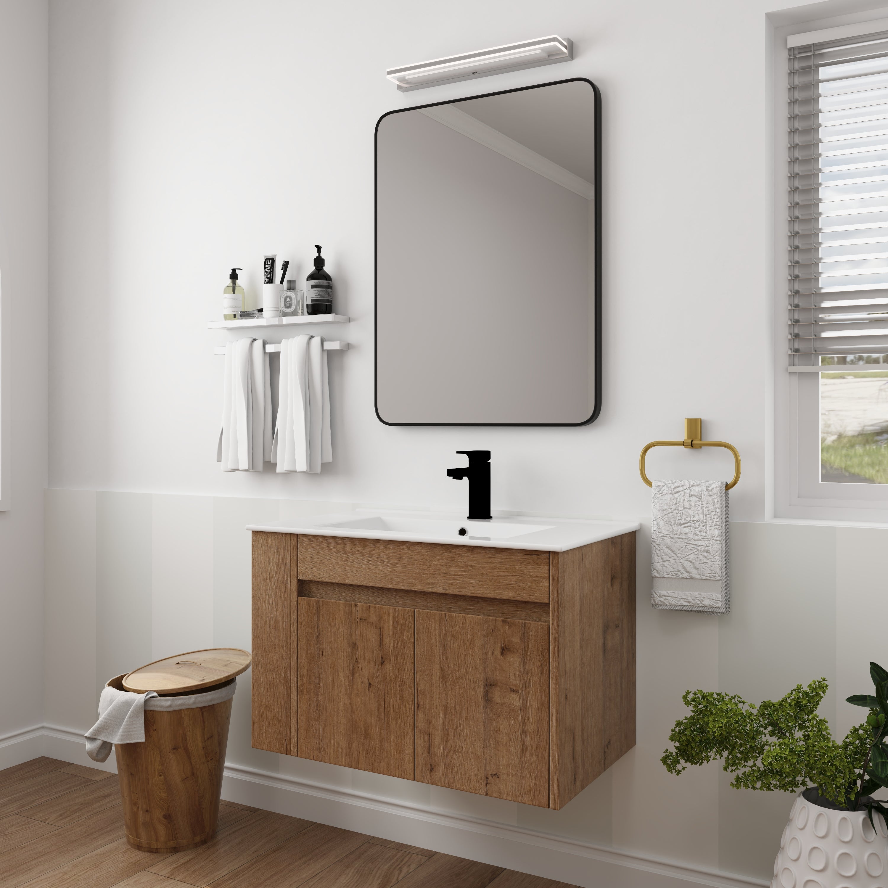 30" Imitative Oak Wall-Mounted Bathroom Vanity With White Ceramic Sink and Adjust Open Shelf