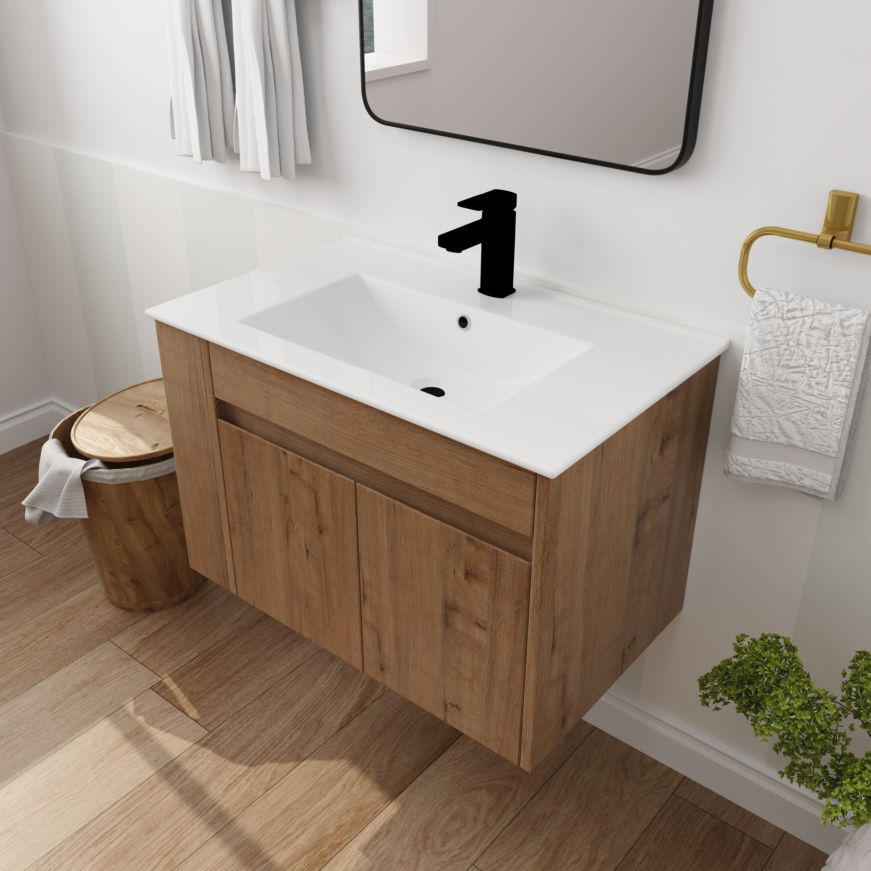 30" Imitative Oak Wall-Mounted Bathroom Vanity With White Ceramic Sink and Adjust Open Shelf