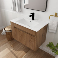 30" Imitative Oak Wall-Mounted Bathroom Vanity With White Ceramic Sink and Adjust Open Shelf