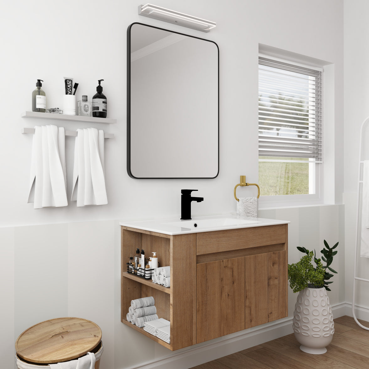 30" Imitative Oak Wall-Mounted Bathroom Vanity With White Ceramic Sink and Adjust Open Shelf