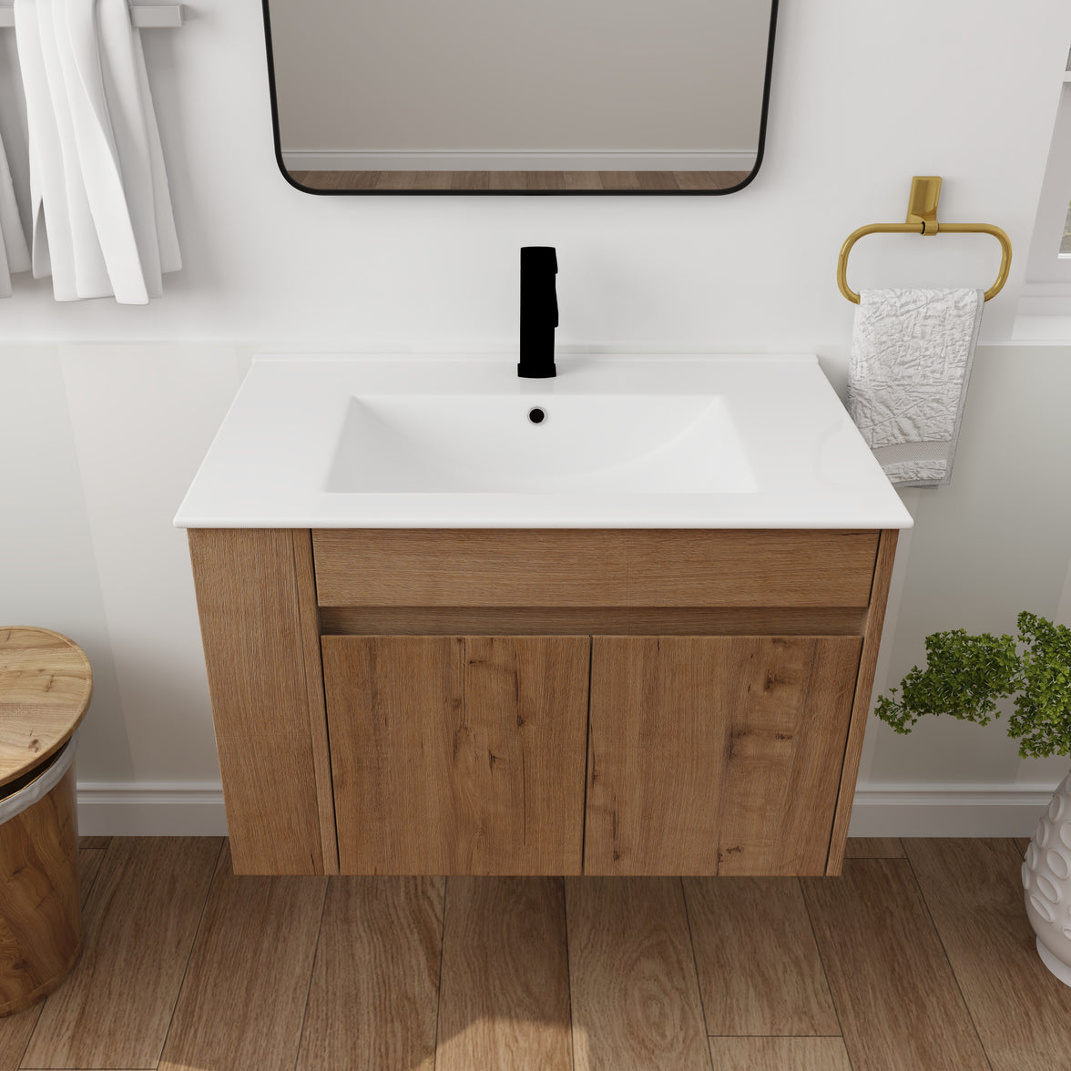 30" Imitative Oak Wall-Mounted Bathroom Vanity With White Ceramic Sink and Adjust Open Shelf