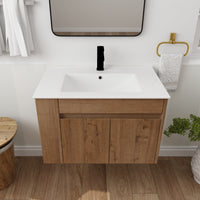 30" Imitative Oak Wall-Mounted Bathroom Vanity With White Ceramic Sink and Adjust Open Shelf