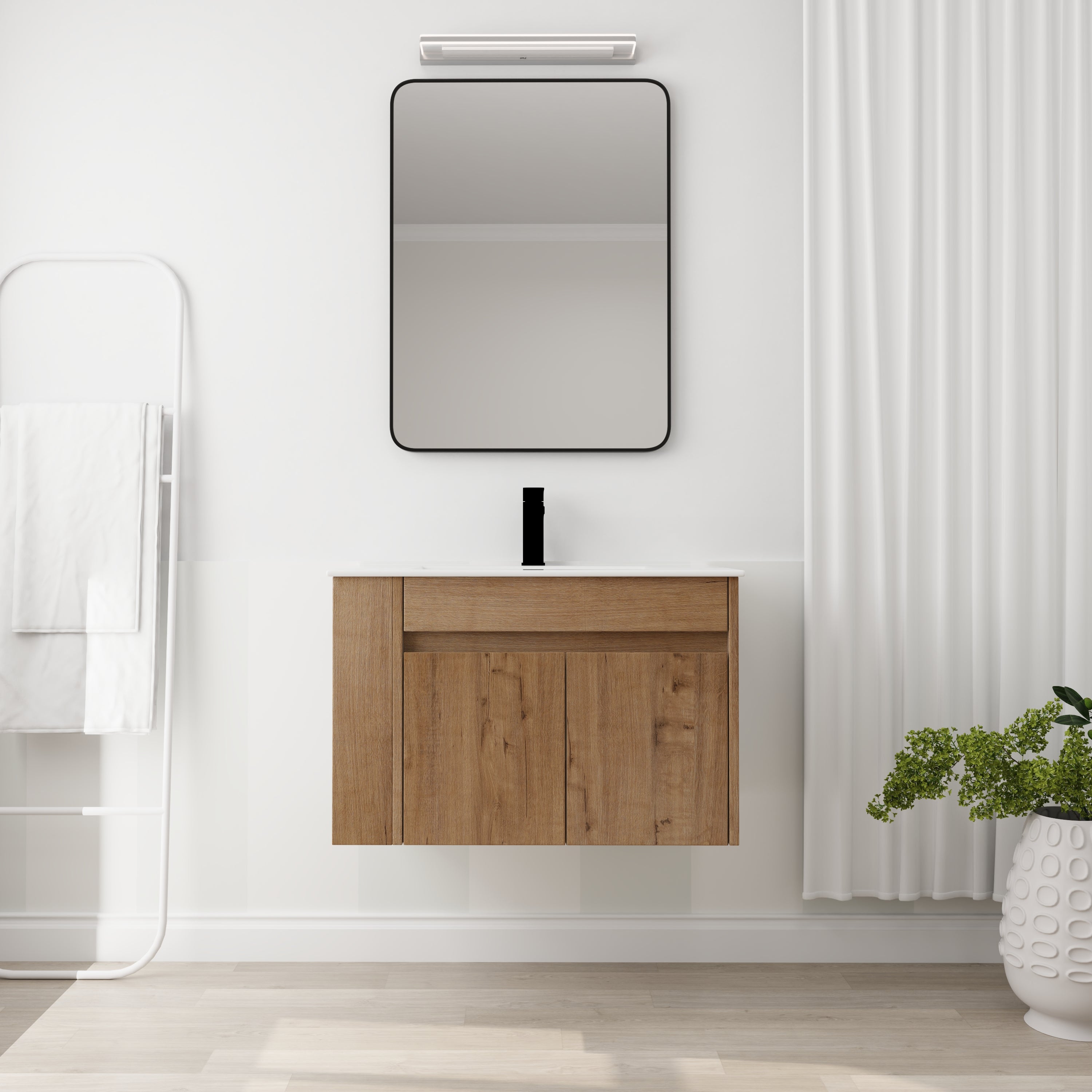 30" Imitative Oak Wall-Mounted Bathroom Vanity With White Ceramic Sink and Adjust Open Shelf
