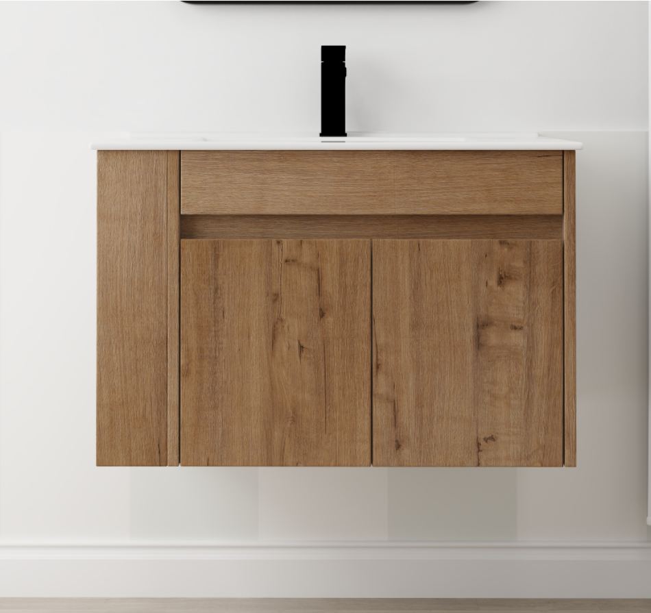 30" Imitative Oak Wall-Mounted Bathroom Vanity With White Ceramic Sink and Adjust Open Shelf