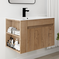 30" Imitative Oak Wall-Mounted Bathroom Vanity With White Ceramic Sink and Adjust Open Shelf