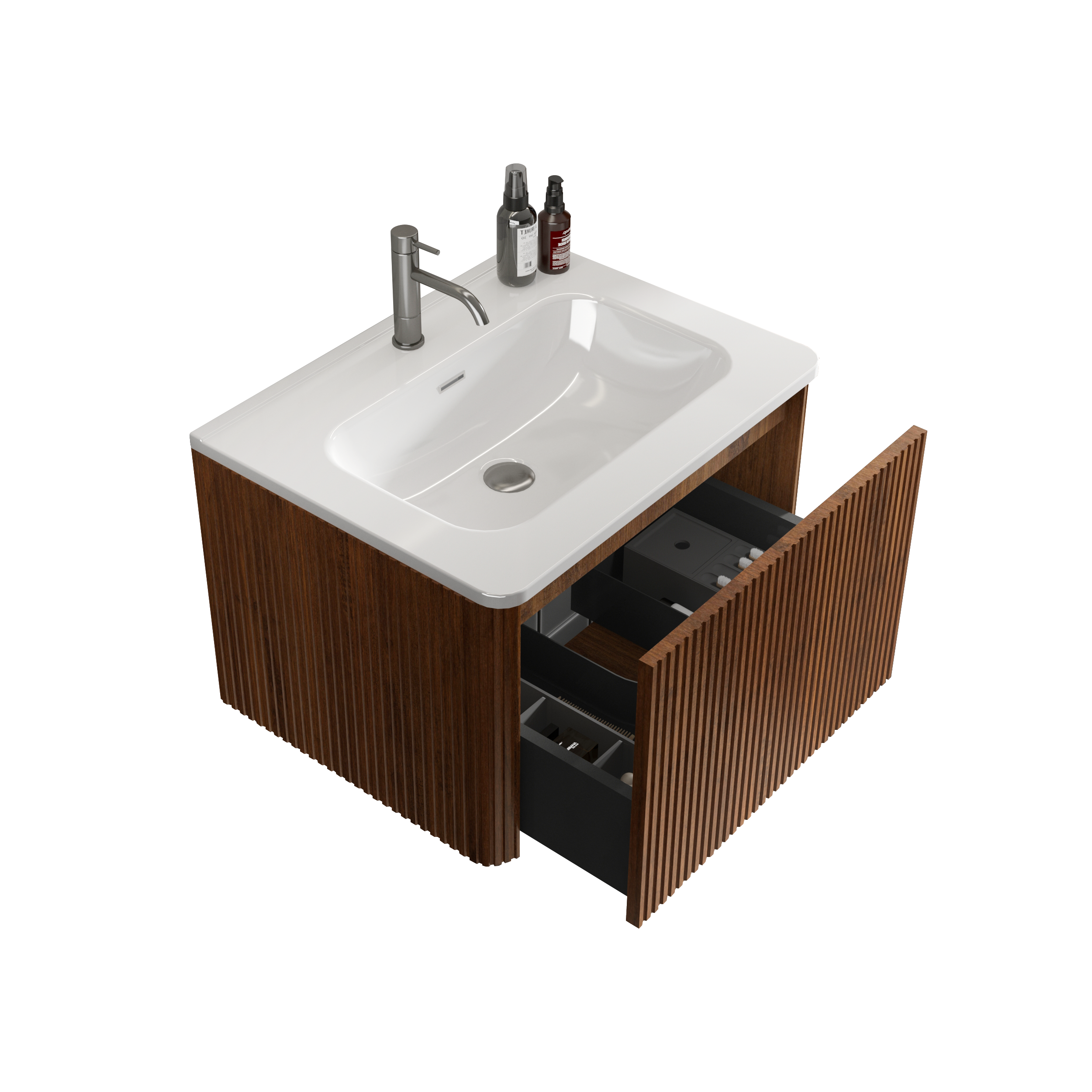24" Striped Walnut Wall-Mounted Bathroom Vanity with integrated White Ceramic Sink, Fully Assembled
