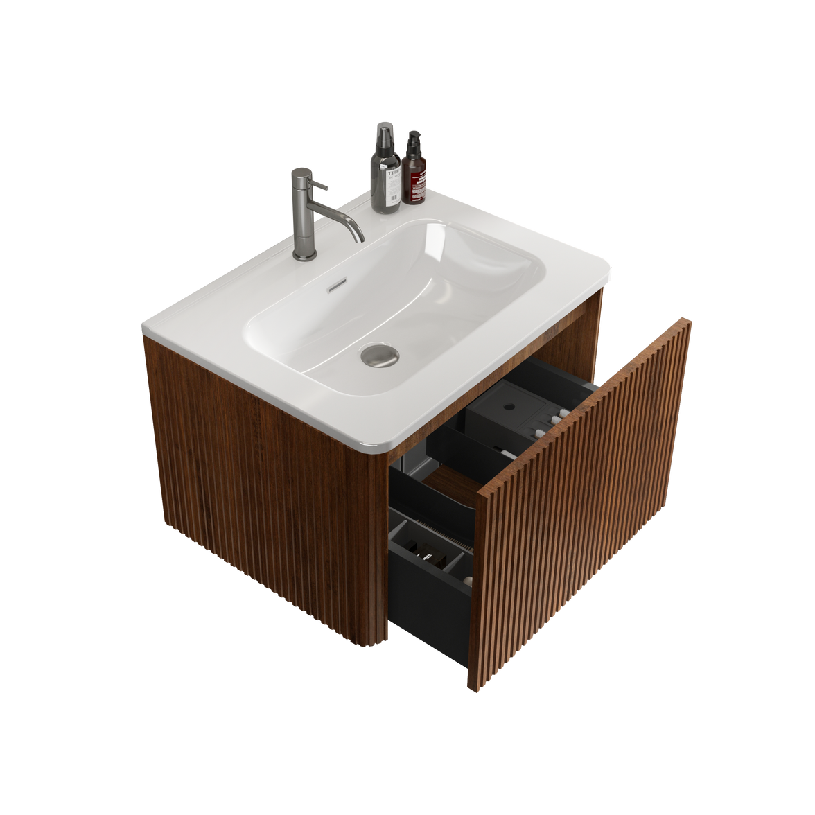 24" Striped Walnut Wall-Mounted Bathroom Vanity with integrated White Ceramic Sink, Fully Assembled