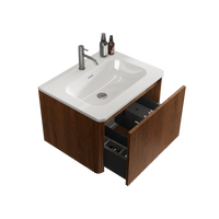 24" Striped Walnut Wall-Mounted Bathroom Vanity with integrated White Ceramic Sink, Fully Assembled