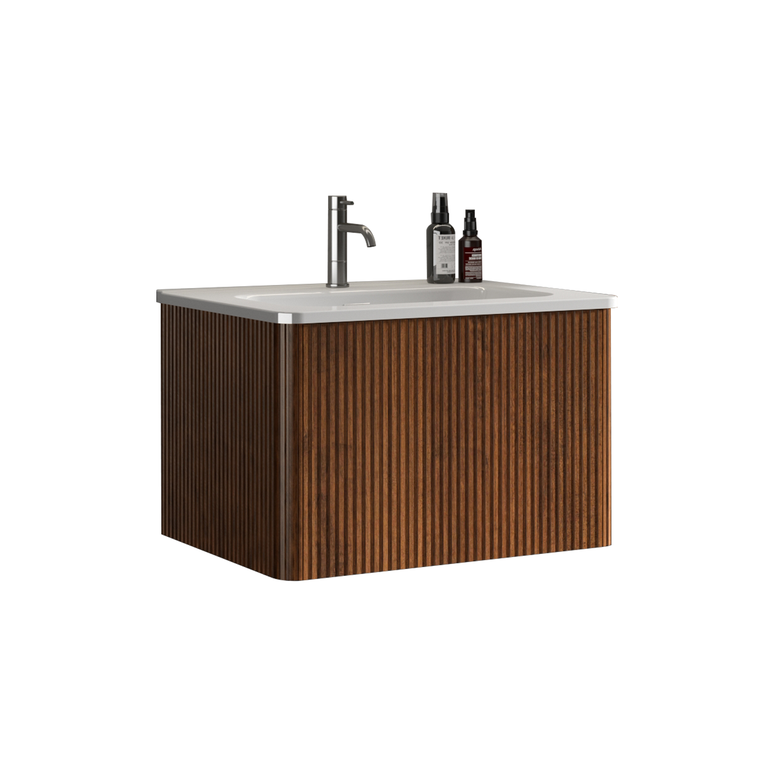 24" Striped Walnut Wall-Mounted Bathroom Vanity with integrated White Ceramic Sink, Fully Assembled