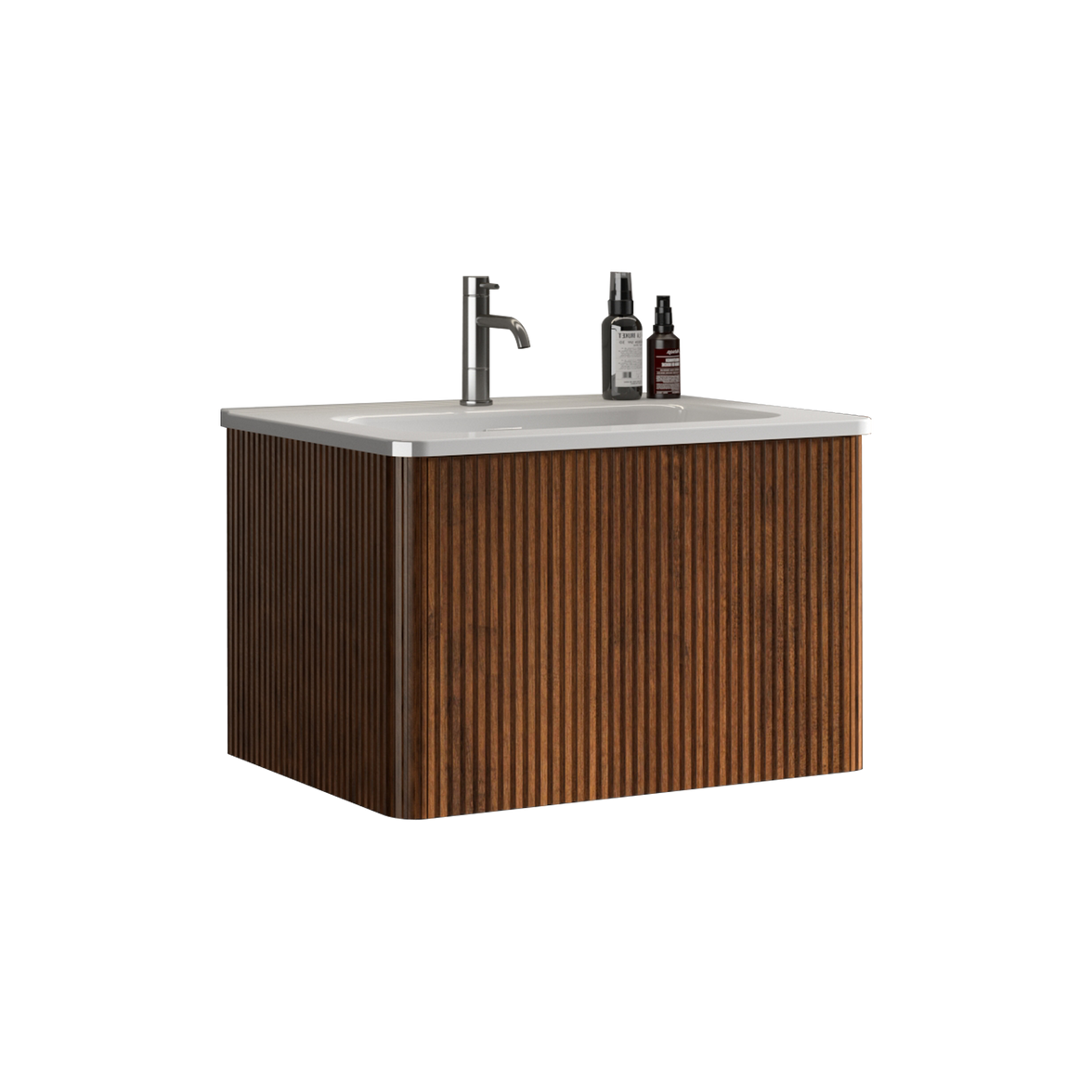 24" Striped Walnut Wall-Mounted Bathroom Vanity with integrated White Ceramic Sink, Fully Assembled