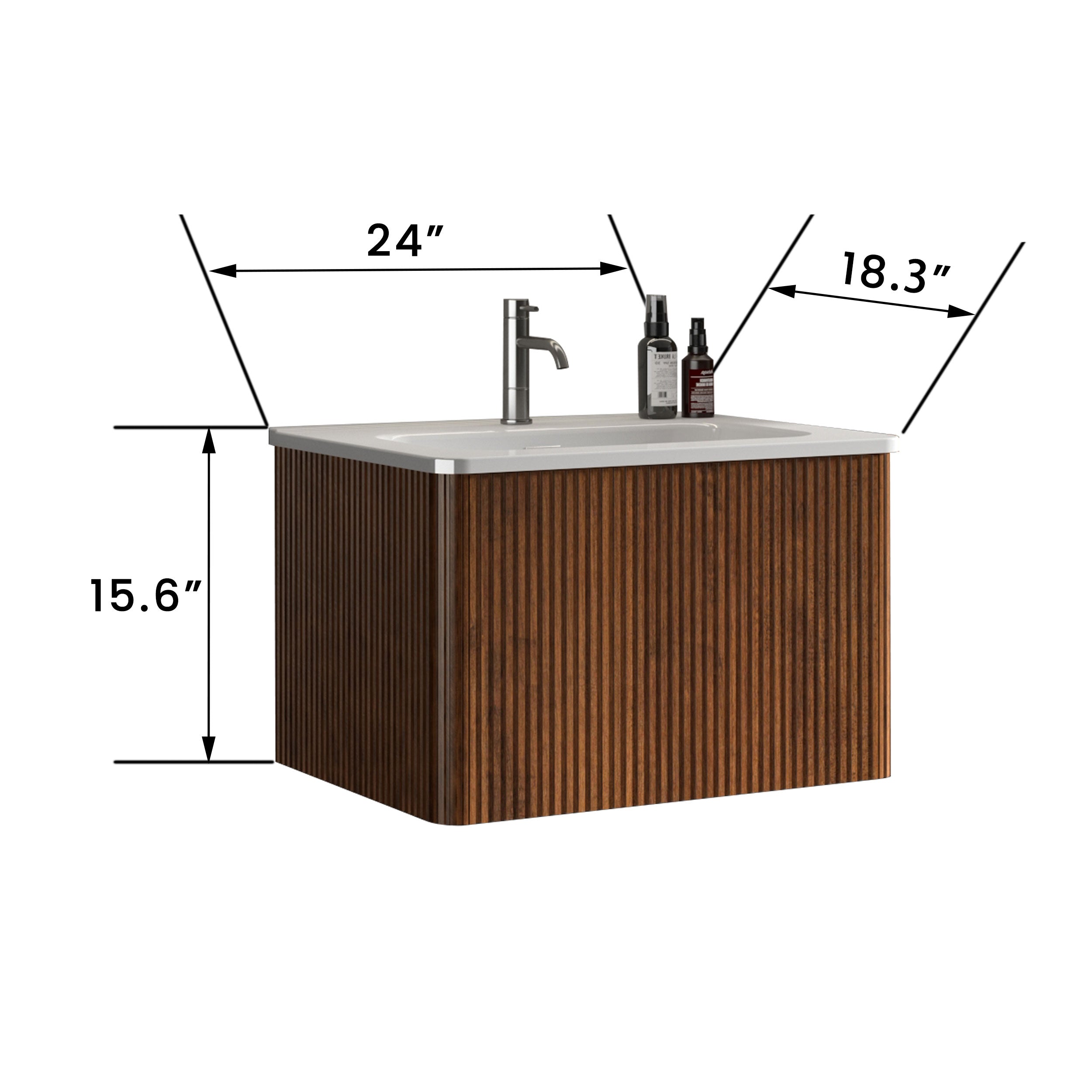 24" Striped Walnut Wall-Mounted Bathroom Vanity with integrated White Ceramic Sink, Fully Assembled