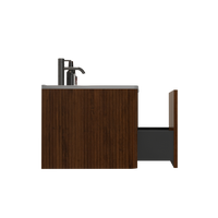 24" Striped Walnut Wall-Mounted Bathroom Vanity with integrated White Ceramic Sink, Fully Assembled