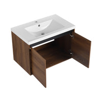 30" Ebony Wall-Mounted Bathroom Vanity in Brown with Resin Sink and Soft-Close Storage
