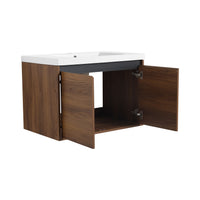 30" Ebony Wall-Mounted Bathroom Vanity in Brown with Resin Sink and Soft-Close Storage