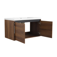 36" Ebony Wall-Mounted Bathroom Vanity in Brown with Resin Sink and Soft-Close Storage