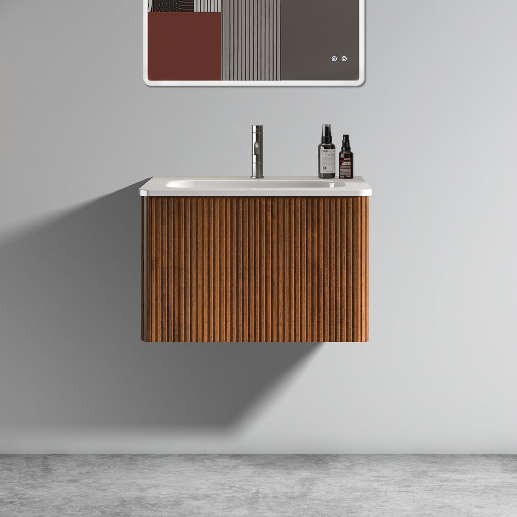 24" Striped Walnut Wall-Mounted Bathroom Vanity with integrated White Ceramic Sink, Fully Assembled