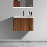 24" Striped Walnut Wall-Mounted Bathroom Vanity with integrated White Ceramic Sink, Fully Assembled