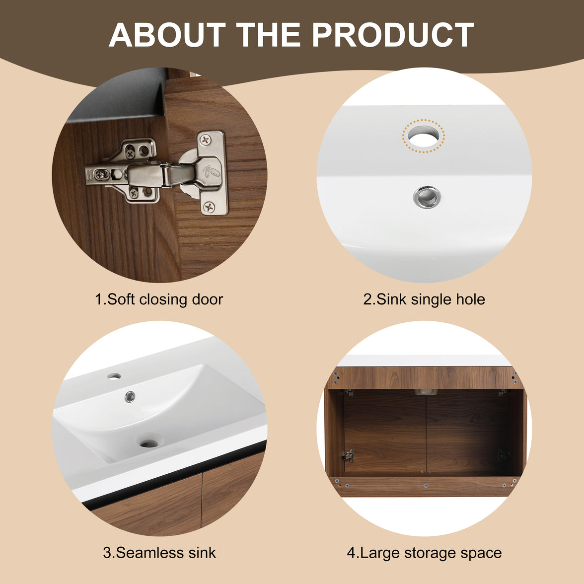 30" Ebony Wall-Mounted Bathroom Vanity in Brown with Resin Sink and Soft-Close Storage
