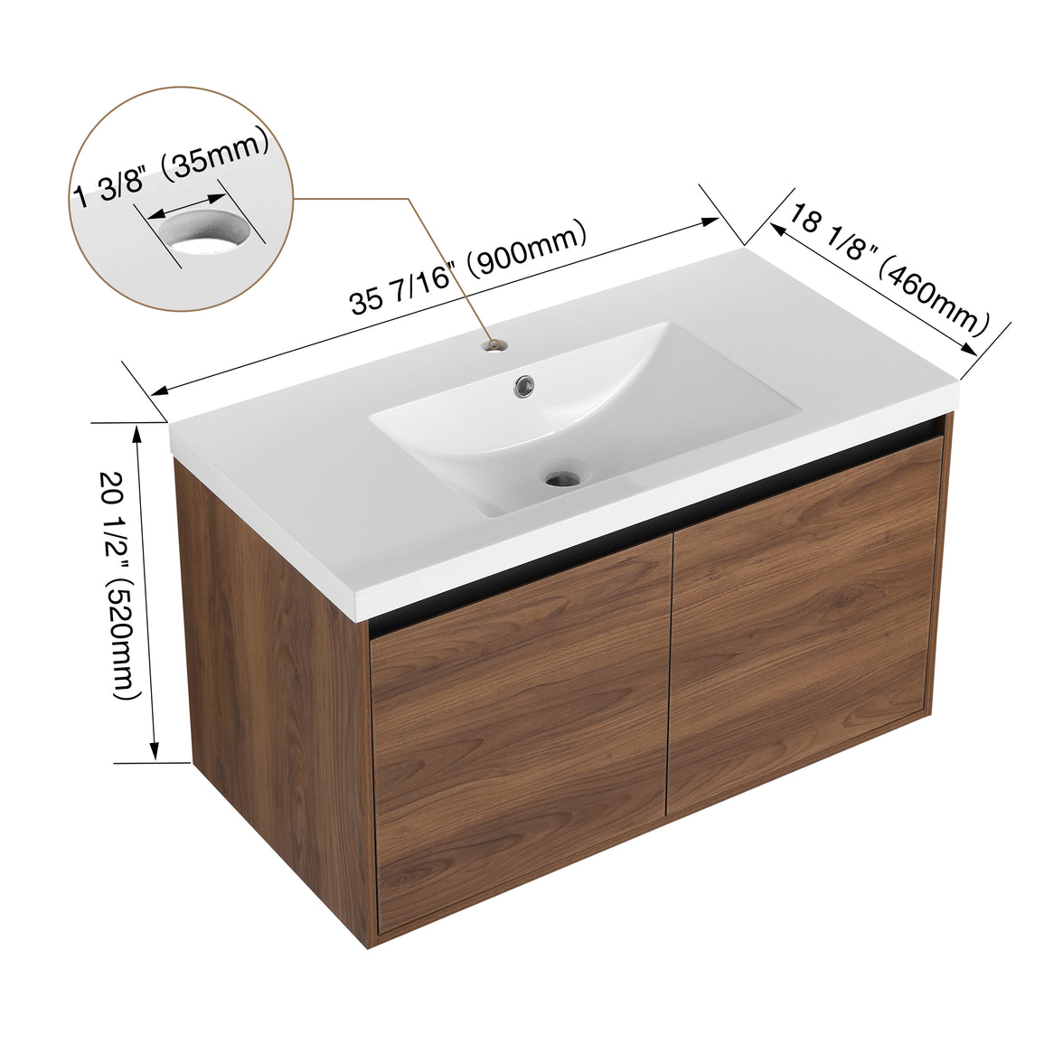 36" Ebony Wall-Mounted Bathroom Vanity in Brown with Resin Sink and Soft-Close Storage