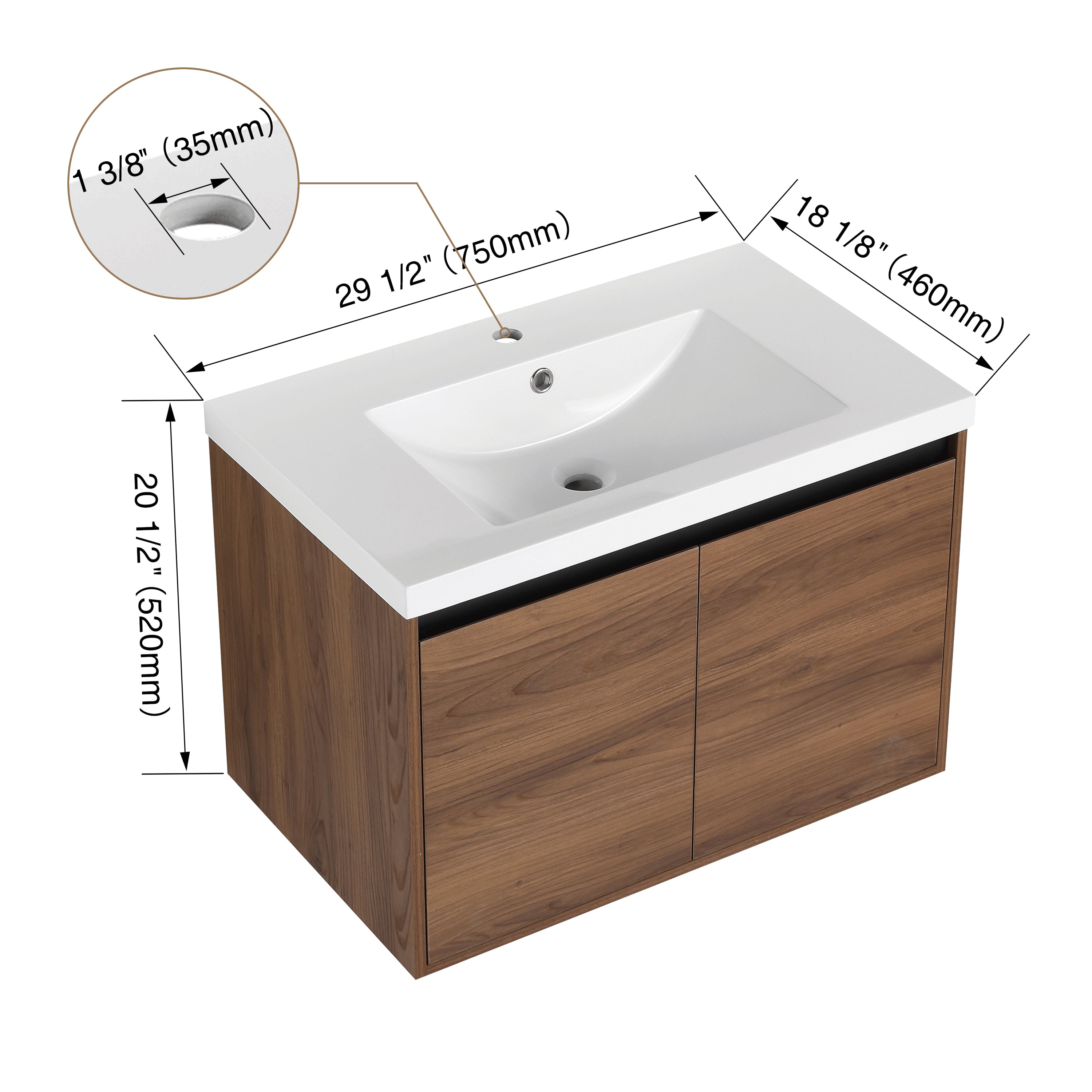 30" Ebony Wall-Mounted Bathroom Vanity in Brown with Resin Sink and Soft-Close Storage