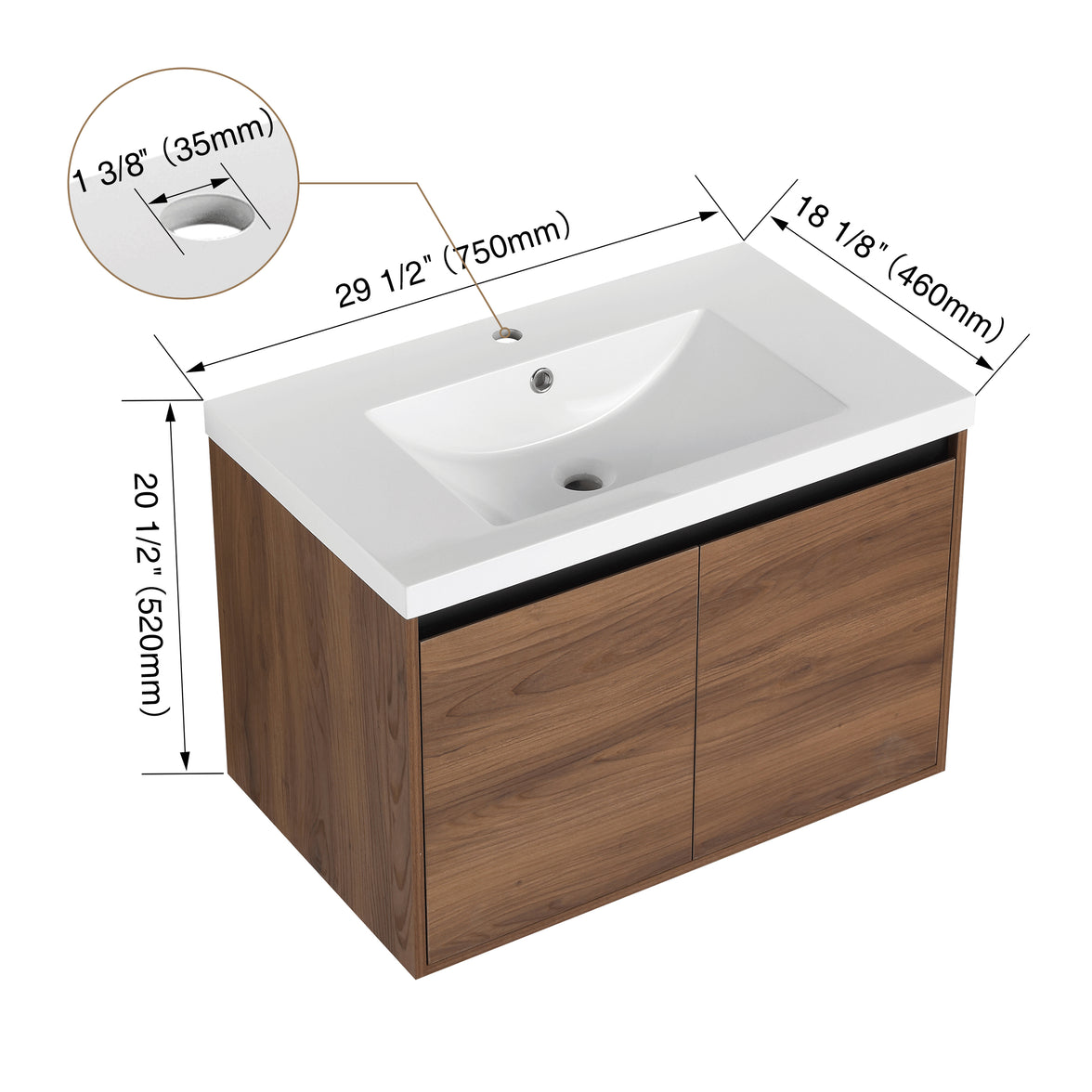 30" Ebony Wall-Mounted Bathroom Vanity in Brown with Resin Sink and Soft-Close Storage