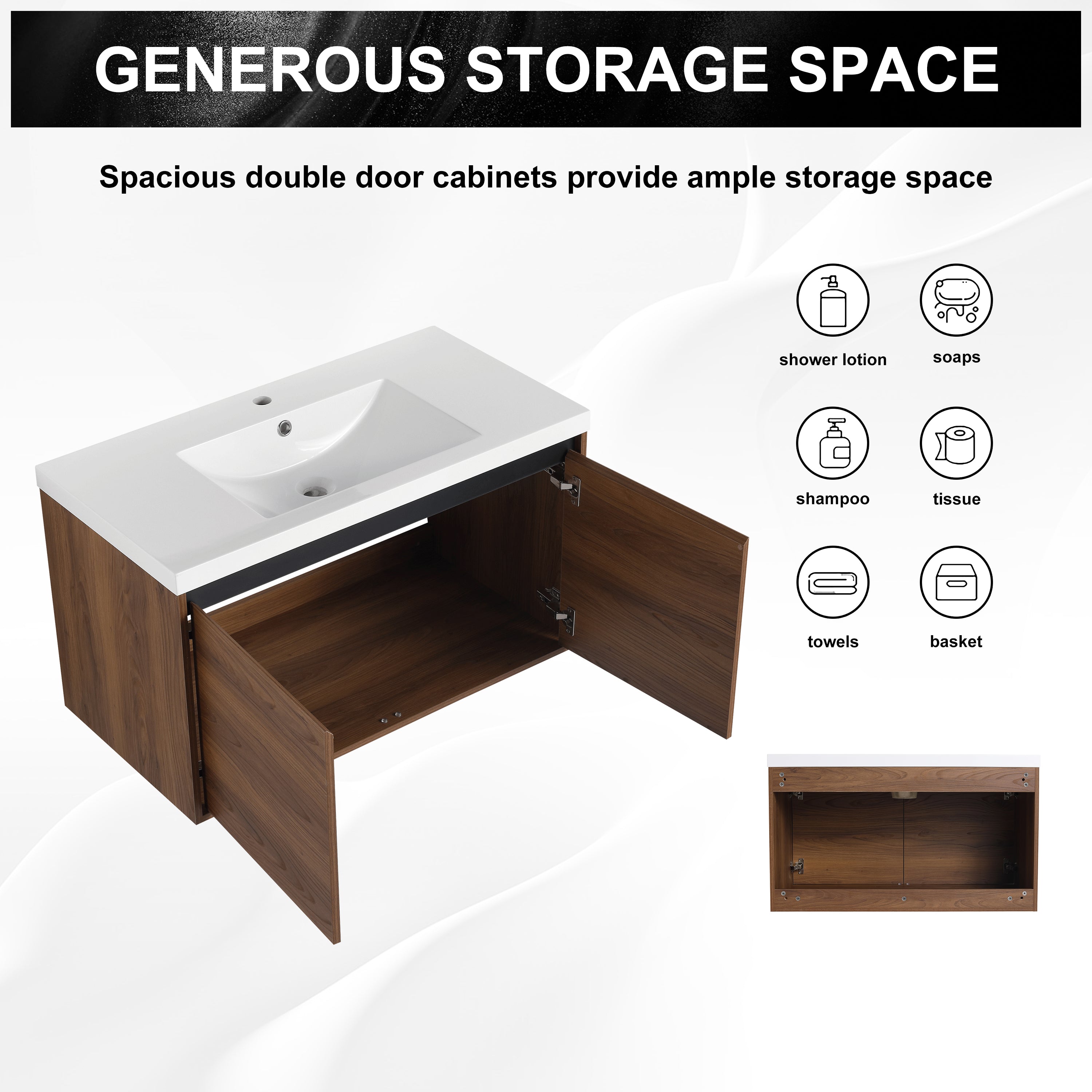 36" Ebony Wall-Mounted Bathroom Vanity in Brown with Resin Sink and Soft-Close Storage