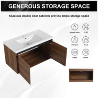 36" Ebony Wall-Mounted Bathroom Vanity in Brown with Resin Sink and Soft-Close Storage