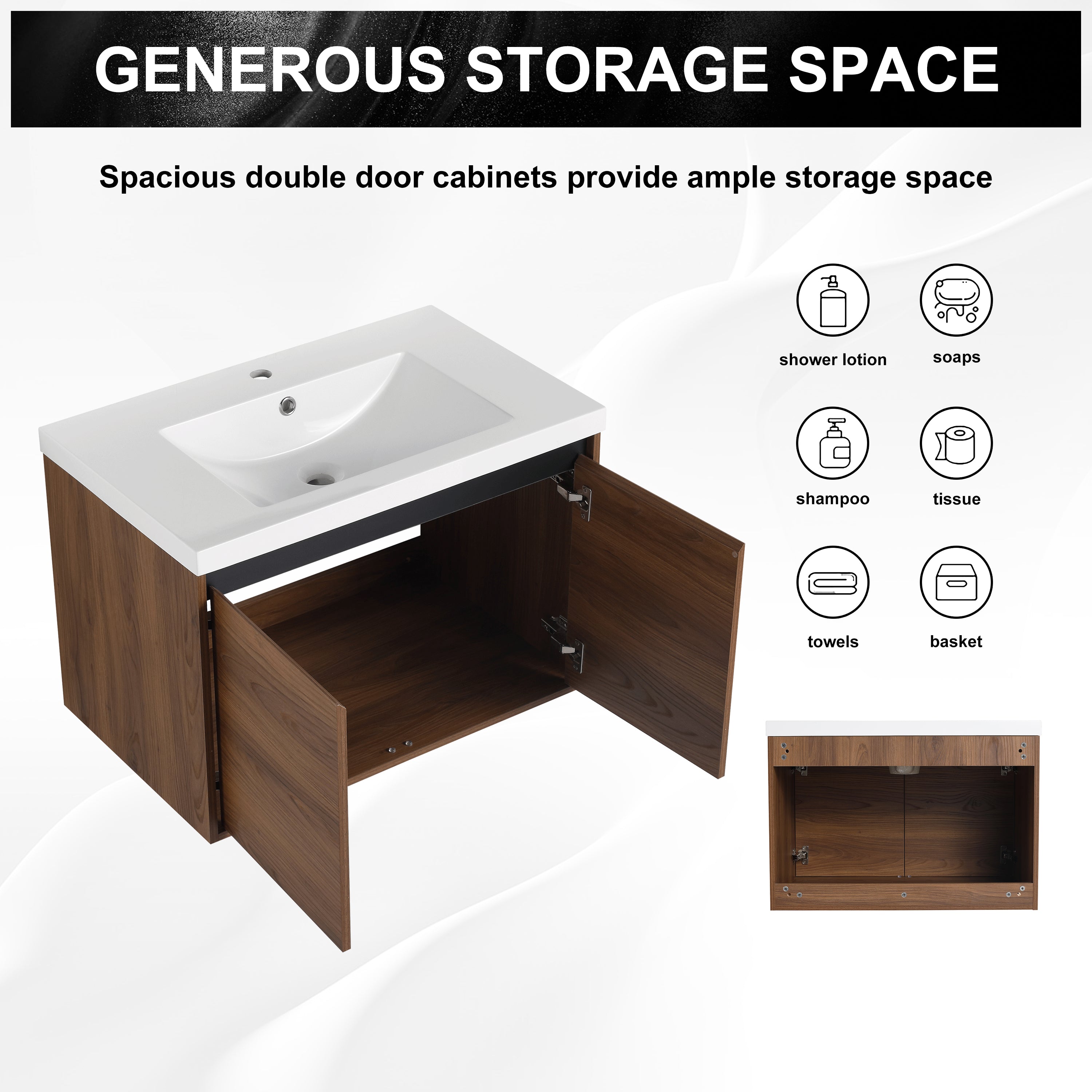 30" Ebony Wall-Mounted Bathroom Vanity in Brown with Resin Sink and Soft-Close Storage