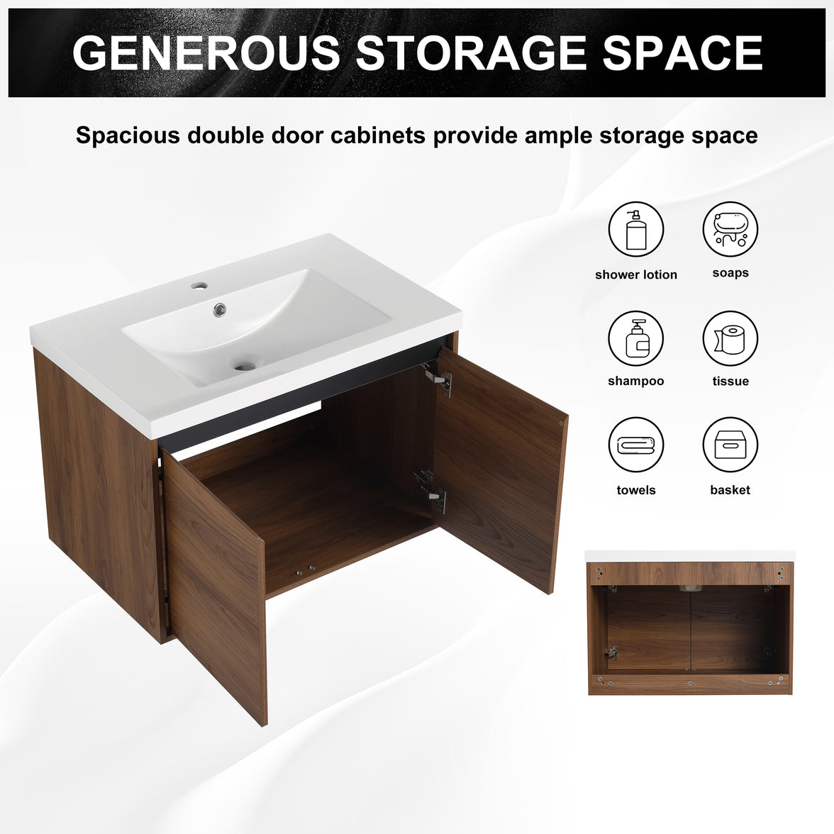 30" Ebony Wall-Mounted Bathroom Vanity in Brown with Resin Sink and Soft-Close Storage