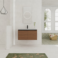 36" Ebony Wall-Mounted Bathroom Vanity in Brown with Resin Sink and Soft-Close Storage