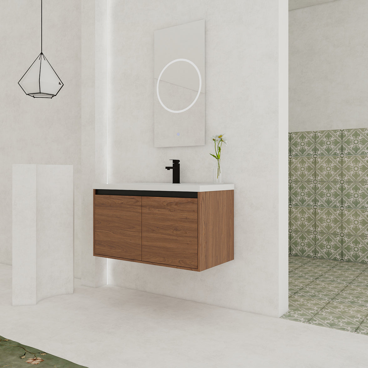 36" Ebony Wall-Mounted Bathroom Vanity in Brown with Resin Sink and Soft-Close Storage