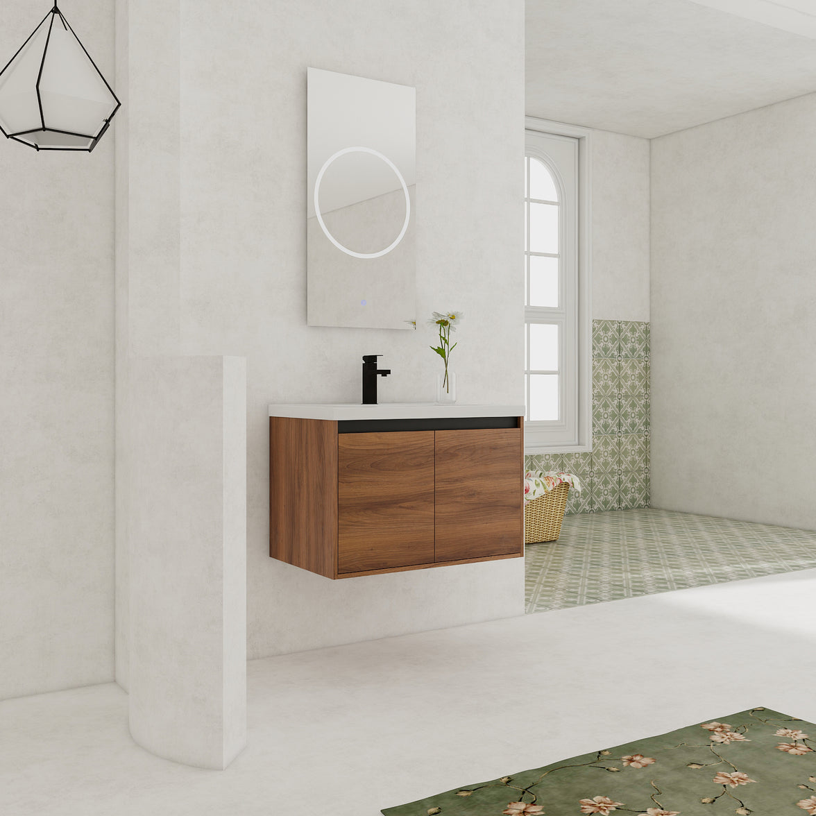 30" Ebony Wall-Mounted Bathroom Vanity in Brown with Resin Sink and Soft-Close Storage