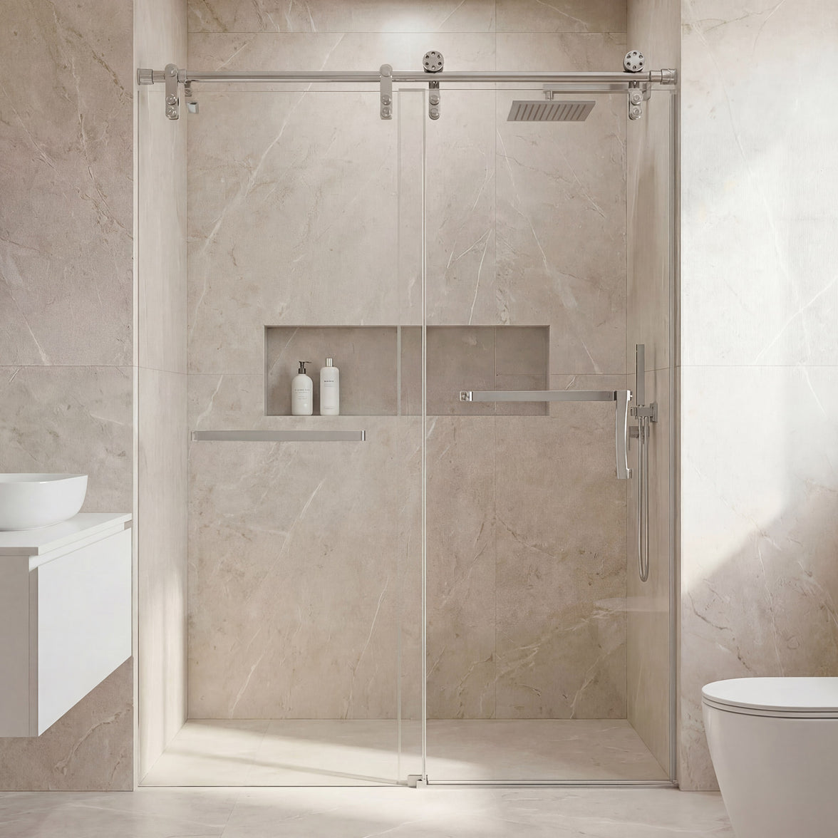 Frameless Double Sliding Shower Door 76" High x Adjustable 56"- 60" Wide Black 8mm