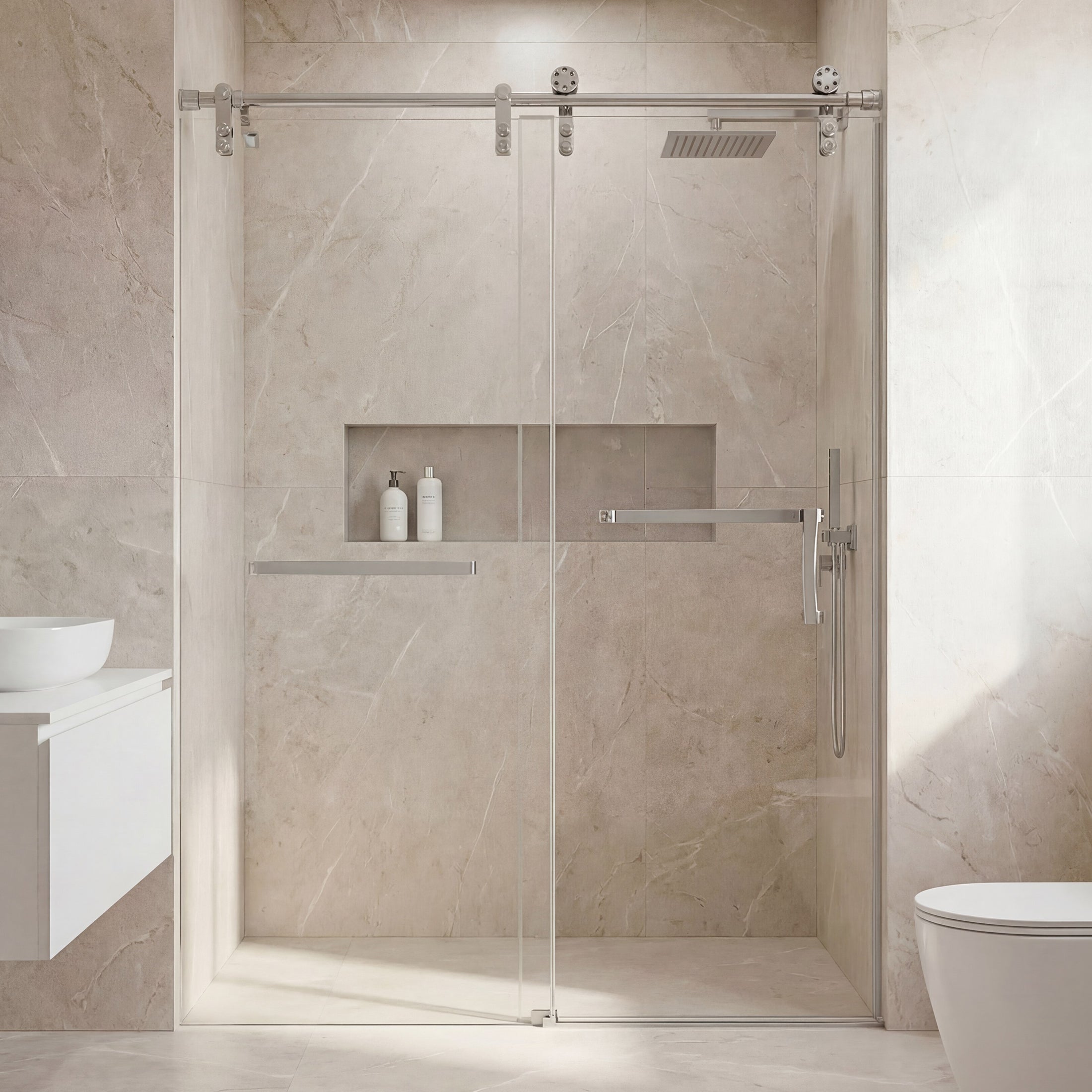 Jade 60"-64" W x 76" H Semi-Frameless Single Sliding Shower Door with 3/8"(10mm) Tempered Clear Glass and Stainless Steel Hardware