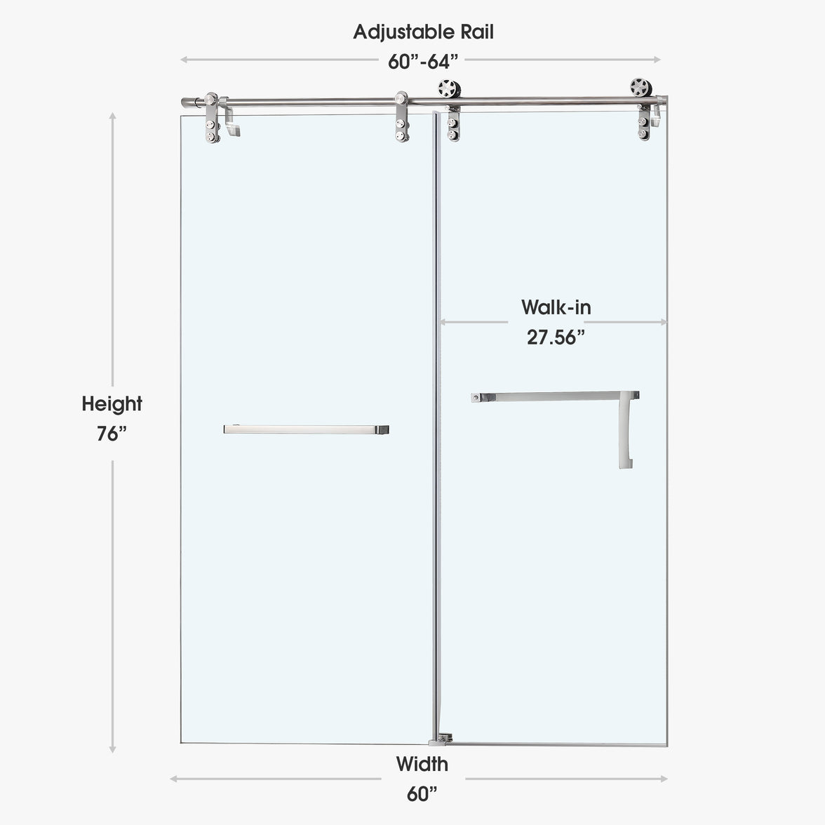 Frameless Double Sliding Shower Door 76" High x Adjustable 56"- 60" Wide Black 8mm