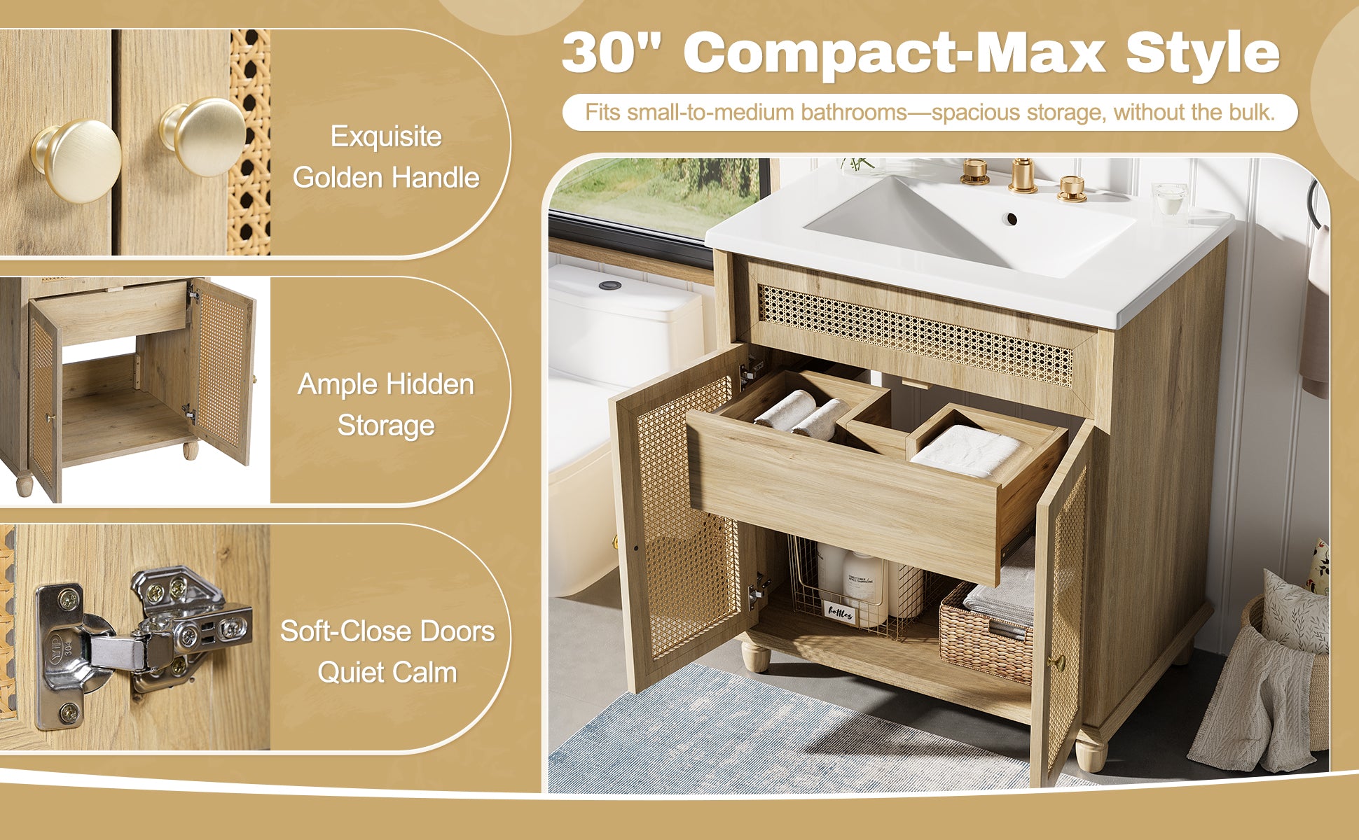 30" Freestanding Bathroom Vanity with Resin Sink, Rattan Doors and Soft-Close Storage