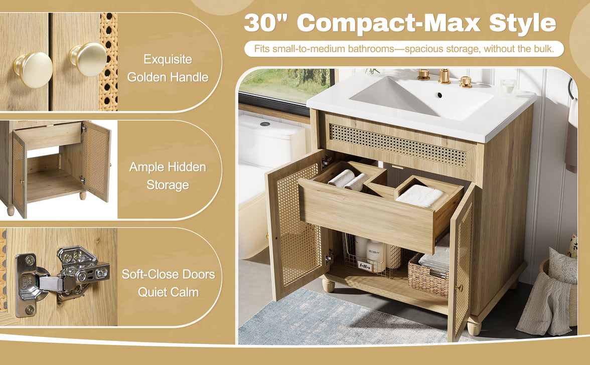 30" Freestanding Bathroom Vanity with Resin Sink, Rattan Doors and Soft-Close Storage