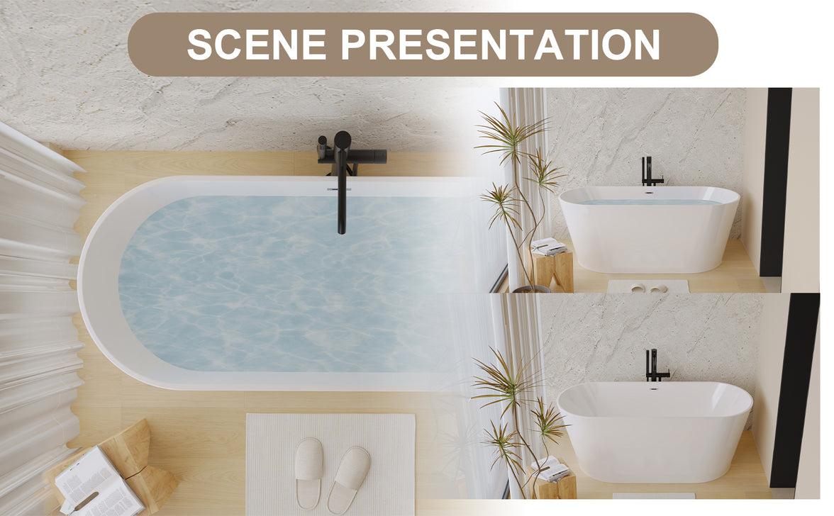 67" Acrylic Freestanding Soaking Bathtub with Pop-Up Drain and Overflow in Gloss White