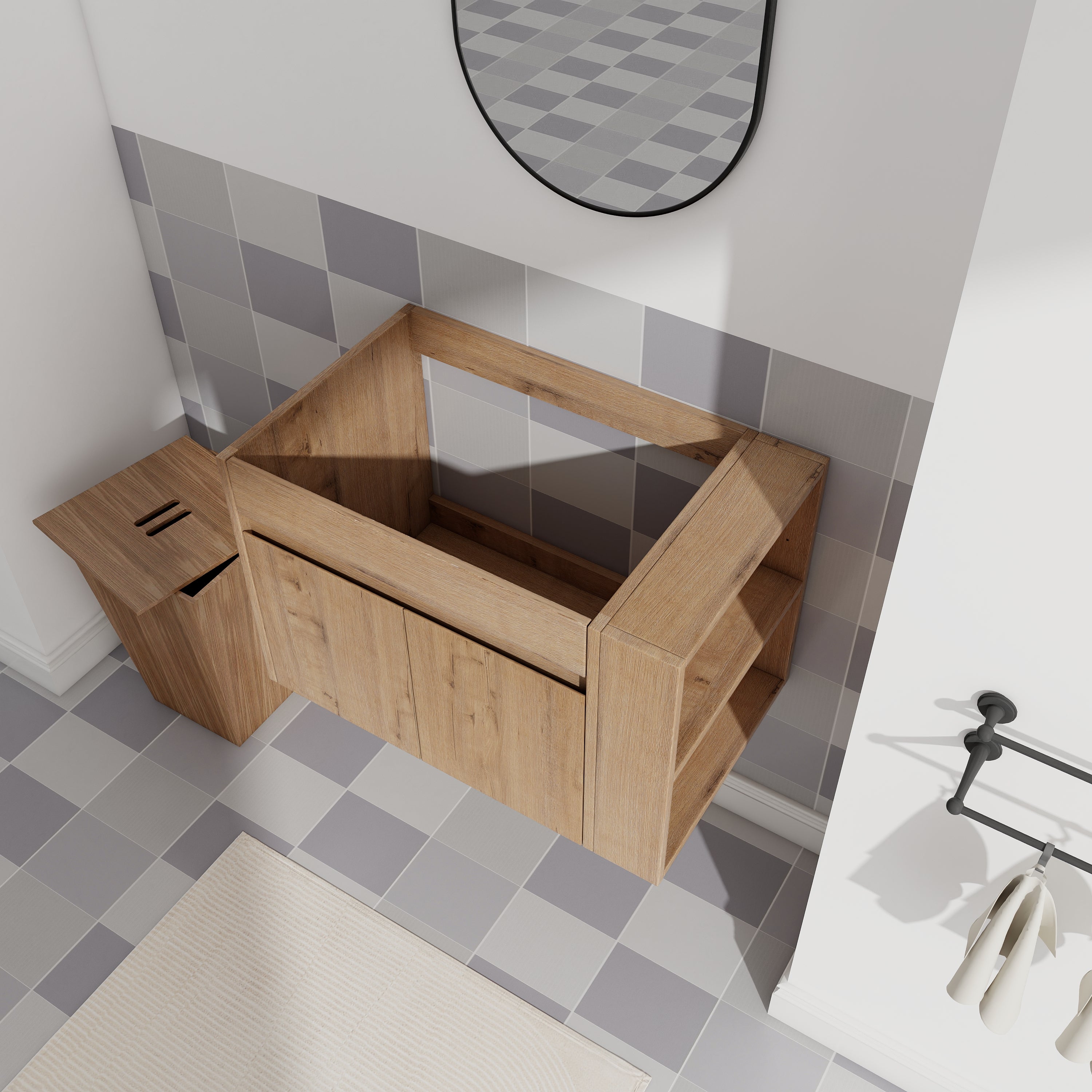 30" Imitative Oak Wall-Mounted Bathroom Vanity With White Ceramic Sink and Adjust Open Shelf