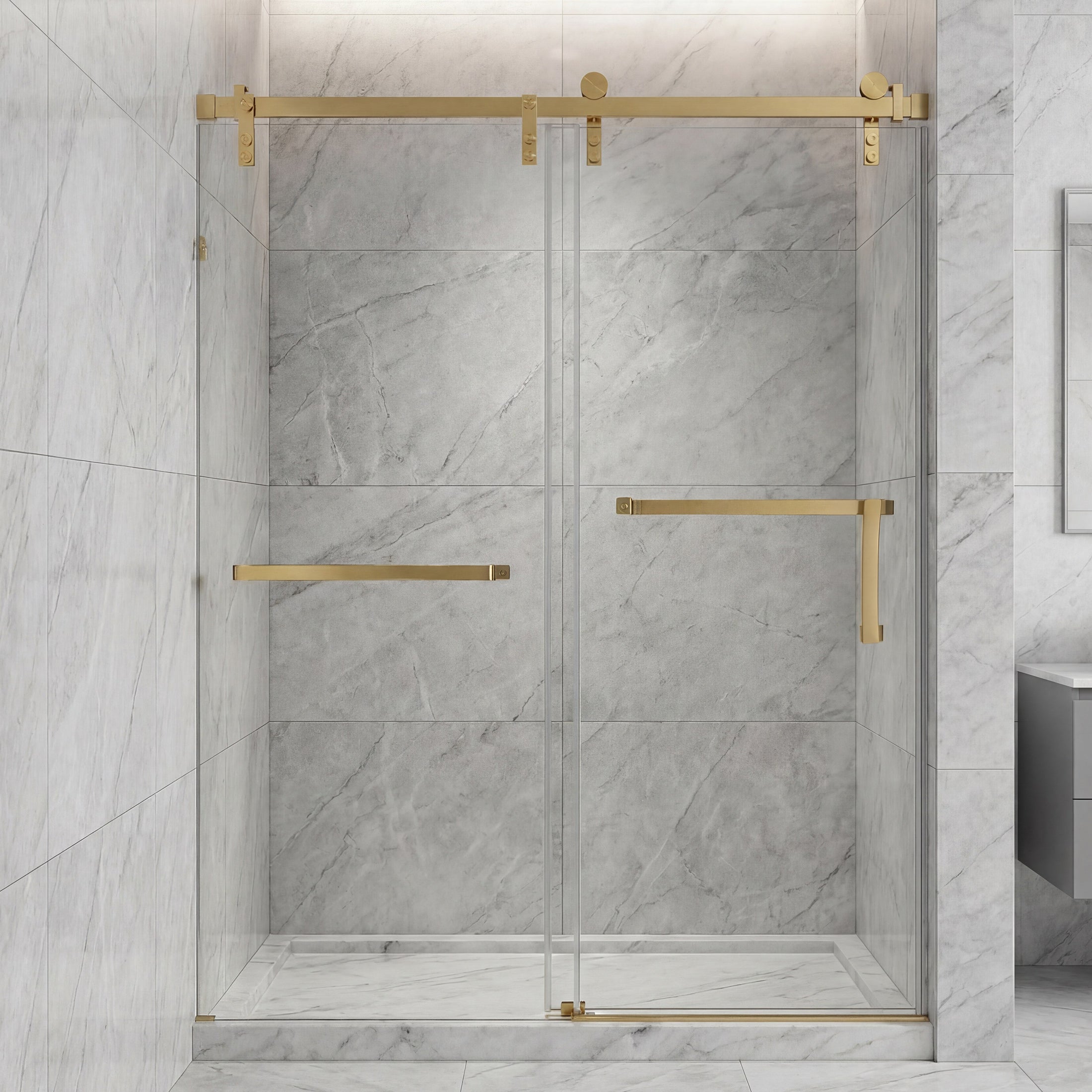 Frameless Double Sliding Shower Door with Towel Bar, Stainless Steel